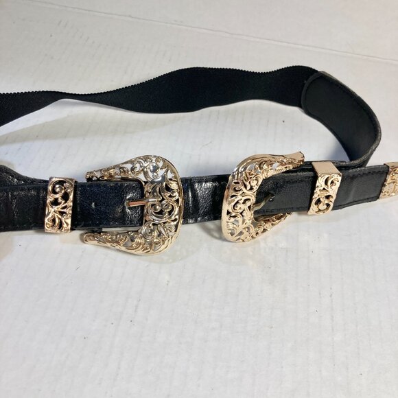Vtg Western Stretch Faux Black Leather Gold Tone Double Buckle Womens Belt XS S - Picture 4 of 15